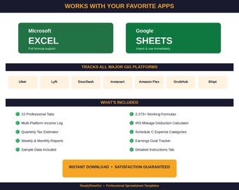 Gig Economy Income Tracker Spreadsheet | Uber Lyft DoorDash Delivery Driver Expense Mileage Log Excel Google Sheets Template