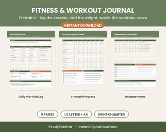 Fitness Planner Printable, Workout Log & Gym Journal, Strength Progress and Body Measurement Tracker, US Letter A4 PDF
