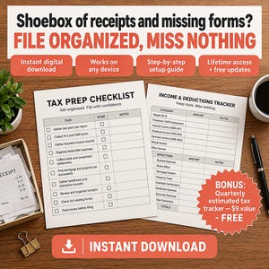 May include: A digital tax preparation checklist and income and deductions tracker with white paper, black text, and gray headers. The documents feature columns for tasks, completion status, notes, categories, and amounts, with a bonus tracker included.