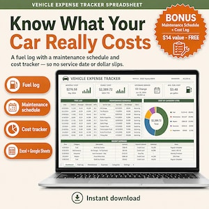 Vehicle Expense Tracker Spreadsheet | Car Maintenance Log, Mileage & Fuel Tracker (Excel, Google Sheets) | Cost Per Mile Calculator image 1