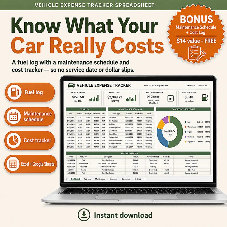Vehicle Expense Tracker Spreadsheet | Car Maintenance Log, Mileage & Fuel Tracker (Excel, Google Sheets) | Cost Per Mile Calculator image 1