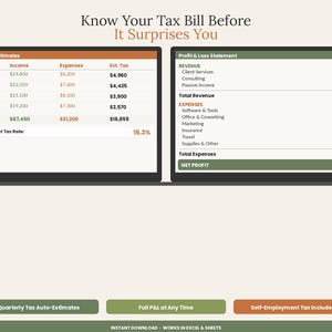 Pu&ograve; includere: Un modello finanziario digitale intitolato Know Your Tax Bill Before It Surprises You. Mostra due tabelle: Quarterly Tax Estimates e Profit & Loss Statement, con colonne per entrate, spese e tasse. Tre pulsanti in basso riportano Quarterly Tax Auto-Estimates, Full P&L at Any Time e Self-Employment Tax Included.