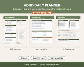 ADHD Daily Planner Printable, Brain Dump Sheet & Task Breakdown, Focus and Routine Tracker for Adults, US Letter A4 PDF