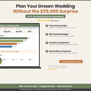 Pu&ograve; includere: Un foglio di calcolo digitale per l'organizzazione di matrimoni visualizzato su uno schermo di un portatile, con un dashboard di budget, grafici e dati finanziari. L'interfaccia include sezioni per tracciare spese, liste ospiti e scadenze.