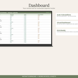 Puede incluir: Un panel digital de seguimiento de gastos de compa&ntilde;eros de piso con una tabla de resumen mensual que incluye columnas para gastos, pagador, divisi&oacute;n y su parte, adem&aacute;s de cuadros de texto para c&aacute;lculos autom&aacute;ticos y funciones de impresi&oacute;n.