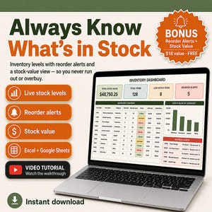 Small Business Inventory Tracker | Stock Management, Reorder Alerts (Excel Google Sheets) | Product Stock Control, SKU and Reorder Point image 1