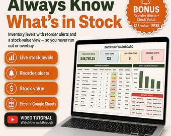 Small Business Inventory Tracker | Stock Management, Reorder Alerts (Excel Google Sheets) | Product Stock Control, SKU and Reorder Point