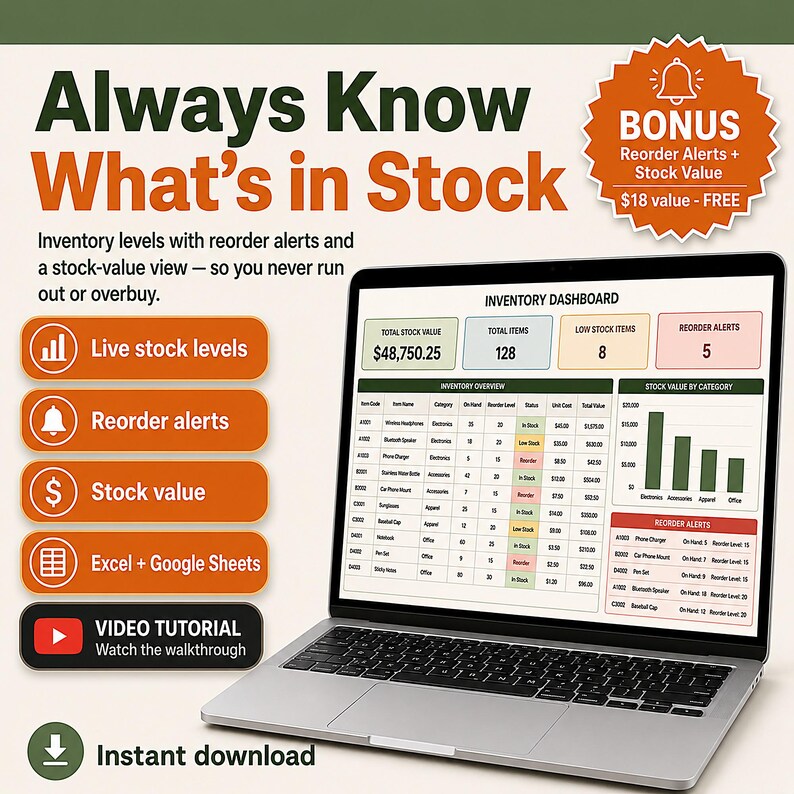 Small Business Inventory Tracker | Stock Management, Reorder Alerts (Excel Google Sheets) | Product Stock Control, SKU and Reorder Point image 1