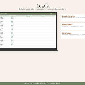 May include: A digital spreadsheet template for real estate leads featuring a detail view table with columns for item, value, category, and notes. The interface includes text boxes for Easy Data Entry, Smart Filters, and Auto Totals features.