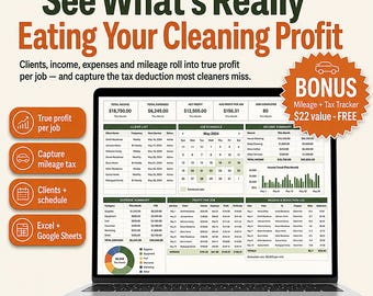 Cleaning Business Spreadsheet | Income & Expense Tracker, Client CRM Job Schedule | Excel Google Sheets House Cleaner Bookkeeping Template