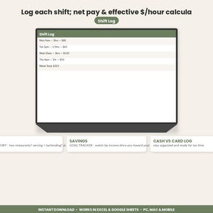 Hoja de cálculo para el seguimiento de propinas de camareros y bartenders / Registro de ingresos por propinas en Excel y Google Sheets / Seguimiento de turnos y reserva de impuestos para el personal de servicio imagen 4