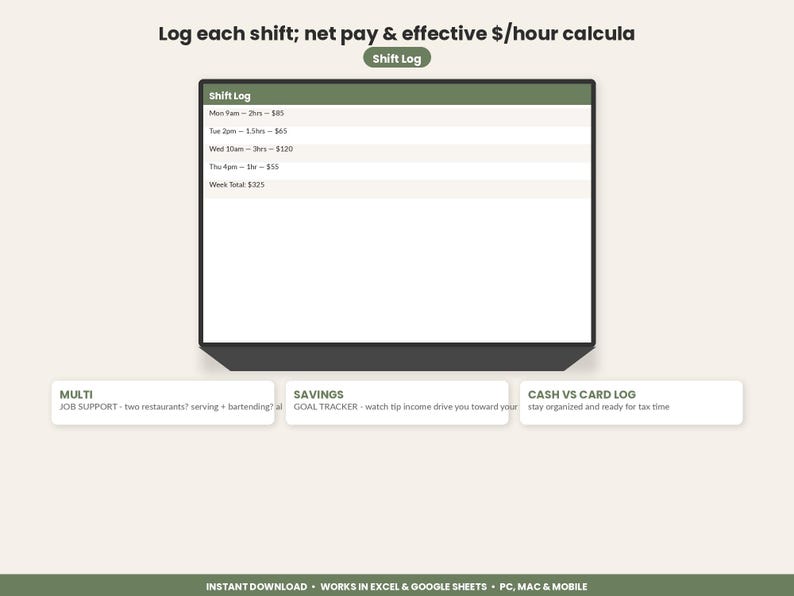 Hoja de cálculo para el seguimiento de propinas de camareros y bartenders / Registro de ingresos por propinas en Excel y Google Sheets / Seguimiento de turnos y reserva de impuestos para el personal de servicio imagen 4