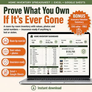 Home Inventory Spreadsheet Excel Google Sheets | Insurance Claim, Estate & Household Inventory Tracker | Emergency Preparedness Checklist image 1