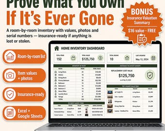 Home Inventory Spreadsheet Excel Google Sheets | Insurance Claim, Estate & Household Inventory Tracker | Emergency Preparedness Checklist