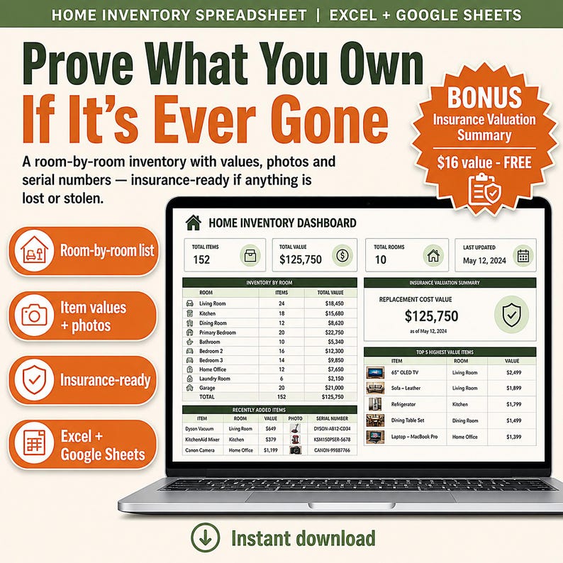 Home Inventory Spreadsheet Excel Google Sheets | Insurance Claim, Estate & Household Inventory Tracker | Emergency Preparedness Checklist image 1