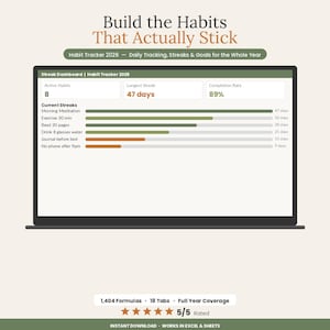 K&ouml;nnte beinhalten: Ein digitales Gewohnheits-Tracking-Dashboard auf einem Laptop-Bildschirm mit dem Text Build the Habits That Actually Stick. Die Benutzeroberfl&auml;che zeigt aktive Gewohnheiten, eine l&auml;ngste Serie von 47 Tagen und eine Abschlussrate von 89% an.