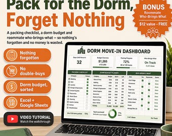 College Dorm Checklist Spreadsheet | Dorm Move In Packing List Budget Tracker | Freshman Roommate Coordination Planner Excel Google Sheets