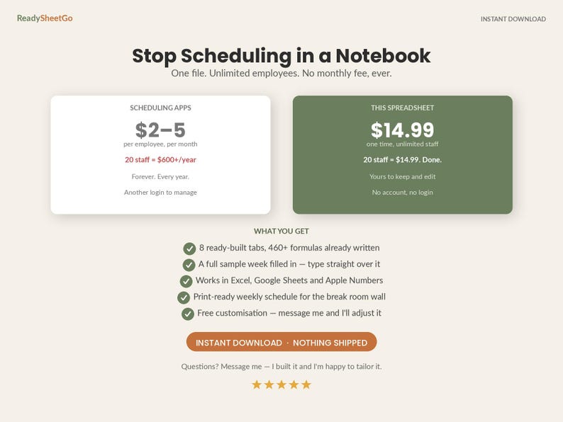 May include: A digital spreadsheet product advertisement titled Stop Scheduling in a Notebook. It compares scheduling apps costing $2-5 per employee monthly against this $14.99 one-time purchase spreadsheet. Features include 8 tabs, 460+ formulas, and compatibility with Excel, Google Sheets, and Apple Numbers.
