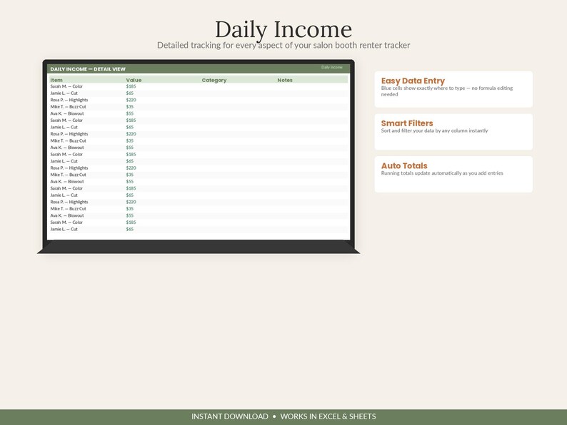 May include: A digital spreadsheet template for salon booth income tracking. The interface displays a Daily Income table with columns for Item, Value, Category, and Notes. Text boxes highlight features: Easy Data Entry, Smart Filters, and Auto Totals.