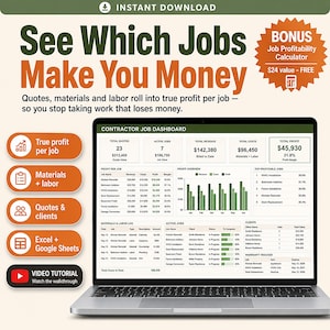 Contractor Job Tracker Spreadsheet | Job Costing, Estimate & Quote Template (Excel, Google Sheets) | Construction Profit Tracker image 1