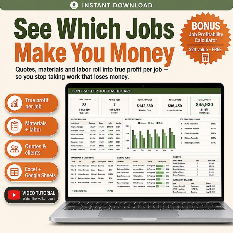 Contractor Job Tracker Spreadsheet | Job Costing, Estimate & Quote Template (Excel, Google Sheets) | Construction Profit Tracker image 1