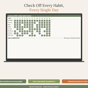 K&ouml;nnte beinhalten: Ein digitaler t&auml;glicher Gewohnheits-Tracker auf einem Laptop-Bildschirm mit dem Text Check Off Every Habit, Every Single Day. Die Tabelle enth&auml;lt Zeilen f&uuml;r Gewohnheiten wie Meditate und Exercise, mit H&auml;kchen f&uuml;r Januar 2026 und einer t&auml;glichen Abschlussrate.