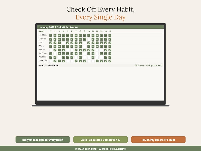 K&ouml;nnte beinhalten: Ein digitaler t&auml;glicher Gewohnheits-Tracker auf einem Laptop-Bildschirm mit dem Text Check Off Every Habit, Every Single Day. Die Tabelle enth&auml;lt Zeilen f&uuml;r Gewohnheiten wie Meditate und Exercise, mit H&auml;kchen f&uuml;r Januar 2026 und einer t&auml;glichen Abschlussrate.
