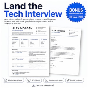 Könnte beinhalten: Ein digitales Lebenslauf- und Anschreiben-Vorlagenset für Softwareentwickler. Die Dokumente verfügen über ein sauberes, professionelles Layout mit Abschnitten für Kontaktinformationen, Tech-Stack, Berufserfahrung und Ausbildung, bearbeitbar in Word und Google Docs.