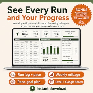 May include: A digital run log displayed on a laptop screen, featuring tables for run dates, distances, and paces, alongside a weekly mileage bar chart and a race goal progress tracker. The interface includes text labels for total miles, average pace, and race goal plans, with orange buttons below for run log, pace, weekly mileage, race goal plan, and Excel or Google Sheets compatibility.