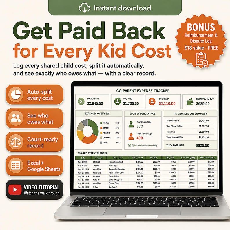 Co-Parenting Expense Tracker Spreadsheet | Shared Child Expenses, Custody Log (Excel, Google Sheets) image 1