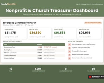 Nonprofit Church Treasurer Spreadsheet Template Excel Google Sheets | Donation Tracker, Restricted Fund and Budget Board Report Dashboard