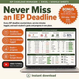 May include: A digital IEP caseload manager spreadsheet for Excel and Google Sheets displayed on a laptop screen. The dashboard features tables for student deadlines, service minute logs, and goal progress, with orange and green accent colors.
