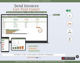 Modello di fattura per piccole imprese in Excel e Fogli Google / Foglio di calcolo per il monitoraggio delle fatture / Gestione clienti e fatturazione per freelance