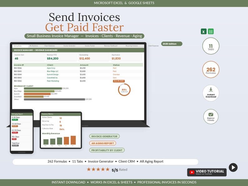 Invoice Tracker Spreadsheet | Small Business Client CRM (Excel, Google Sheets) imagen 1