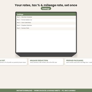 May include: A digital interface display titled Your rates, tax % & mileage rate, set once. It features a settings table with five rows, and three text boxes labeled 1099 TAX SET, MILEAGE DEDUCTION, and PREPAID PACKAGES. Bottom text reads INSTANT DOWNLOAD.