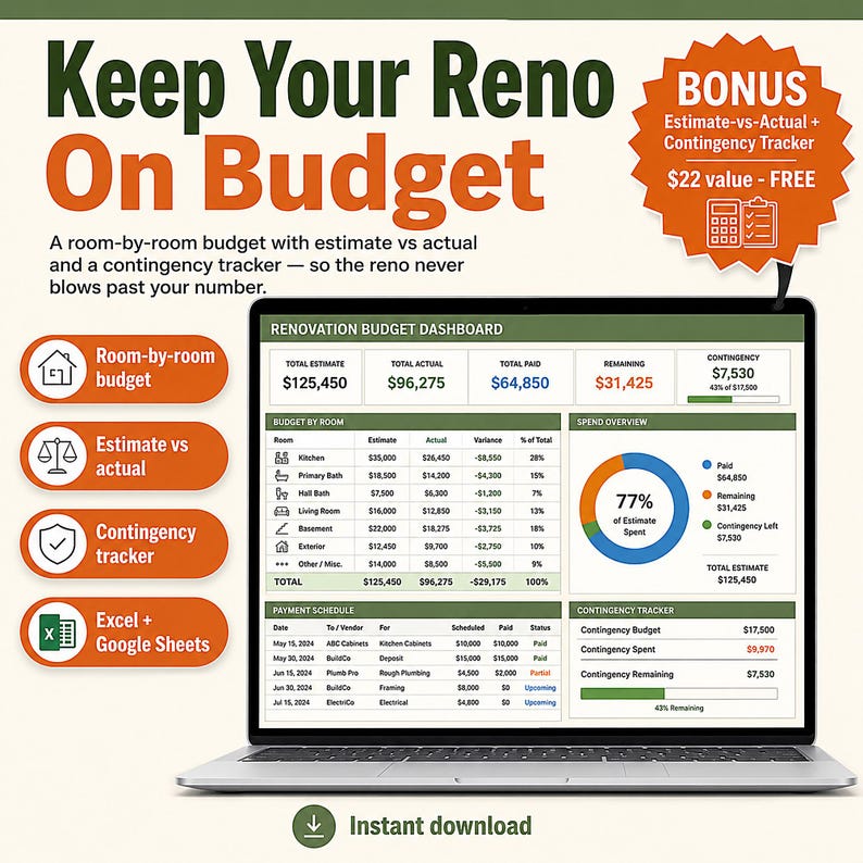 Home Renovation Budget Planner Spreadsheet | Remodel Cost Tracker, Room by Room DIY Home Improvement Expense Template | Excel Google Sheets image 1