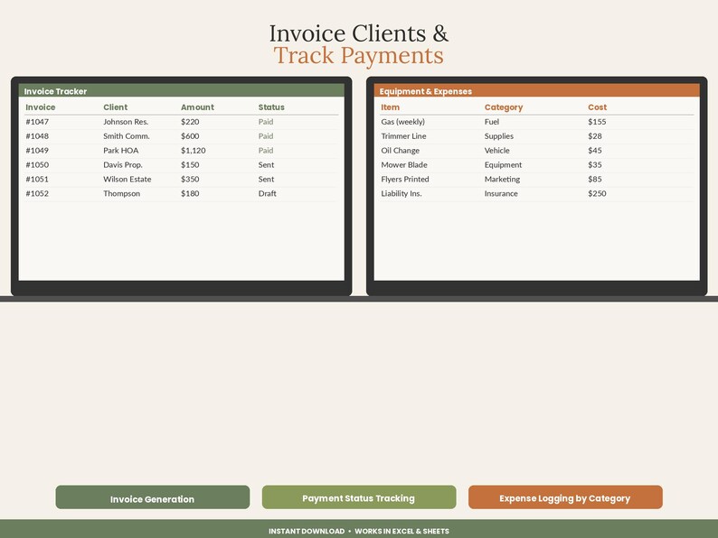 Lawn Care Business Spreadsheet Template | Landscaping Client Route Invoice Tracker Excel Google Sheets image 6
