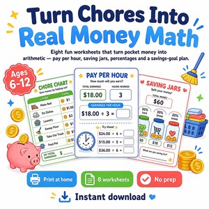 Op de afbeelding: Educatieve werkbladen getiteld Turn Chores Into Real Money Math voor kinderen van 6-12 jaar. Bevat een takenlijst, uurloonberekeningen en spaarpotten. Met een roze spaarvarken, gouden munten, een bezem en een wasmand. Direct downloaden.