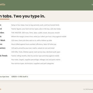 May include: A digital spreadsheet interface titled ReadySheetGo with the heading Eleven tabs. Two you type in. It lists eleven categories including Start Here, Dashboard, and Repair Orders, each marked with a green or orange vertical bar indicating data entry requirements. The bottom legend specifies ORANGE = you type here and GREEN = it fills itself in.