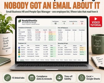 Small Business HR Spreadsheet Template Excel Google Sheets | Employee Records, Onboarding Checklist, Compliance and Time Off Tracker