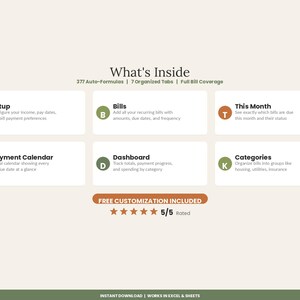 May include: A digital spreadsheet interface titled What's Inside featuring 377 auto-formulas and 7 organized tabs. Six white rectangular boxes display labels for Setup, Bills, This Month, Payment Calendar, Dashboard, and Categories with icons.
