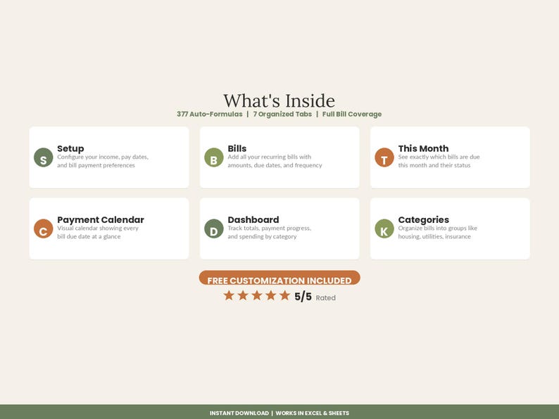 May include: A digital spreadsheet interface titled What's Inside featuring 377 auto-formulas and 7 organized tabs. Six white rectangular boxes display labels for Setup, Bills, This Month, Payment Calendar, Dashboard, and Categories with icons.