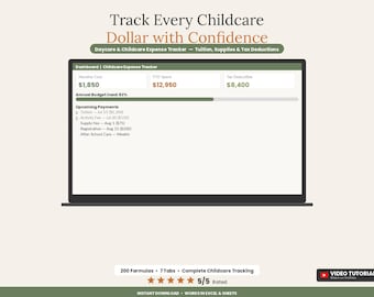 Spreadsheet voor het bijhouden van kinderopvangkosten | Kostenberekening voor kinderopvang in Excel en Google Sheets | Vergelijking van FSA-belastingkredieten | Babysitterlogboek