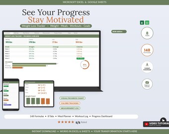 Spreadsheet voor het bijhouden van gewichtsverlies | Gewicht- en lichaamsmetingen bijhouden in Excel of Google Sheets | Sjabloon voor voortgang bij het bijhouden van BMI-calorieëndoelen