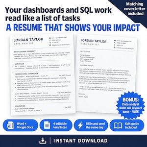 Data Analyst Resume Template, Business Intelligence Resume & Cover Letter, BI Analyst CV, SQL Resume, Editable Word Doc