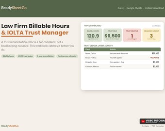 Law Firm Billable Hours Spreadsheet Template Excel Google Sheets | IOLTA Trust Ledger and Attorney Time Tracking Workbook