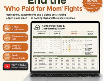 Caregiver Planner Spreadsheet | Aging Parent Tracker, Medication Log, Cost Split (Excel, Google Sheets)