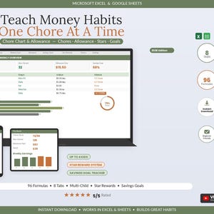 Chore Chart & Allowance Tracker Spreadsheet | Kids Chore Chart Excel Google Sheets | Save Spend Give Money Tracker