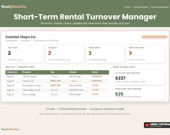 Airbnb Turnover and Cleaning Schedule Spreadsheet Template Excel Google Sheets | Short Term Rental Cleaner, Supply and Linen Tracker