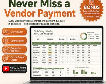 Wedding Vendor Contract and Payment Tracker Spreadsheet Template Excel Google Sheets | Venue Comparison Chart, Deposit and Budget Planner